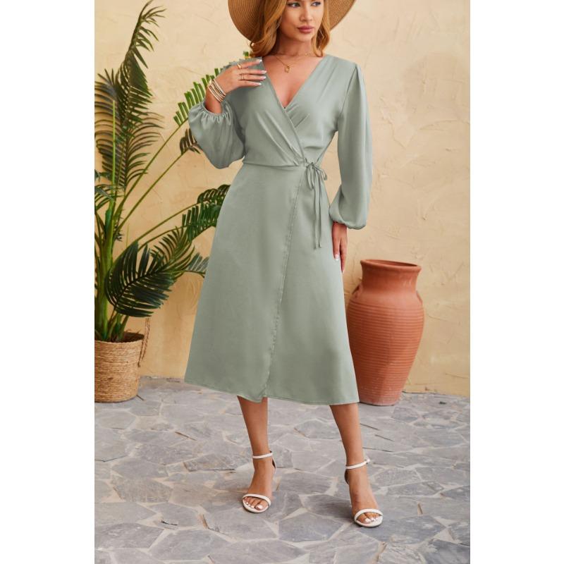 Весенне-осеннее женское платье, однотонное сексуальное платье с v-образным вырезом и разрезом подол