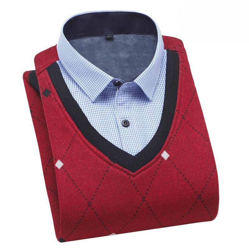 Осенне-зимний бархатный утолщенный поддельный свитер с длинными рукавами и воротником-стойкой для мужчин, повседневный теплый вязаный свитер