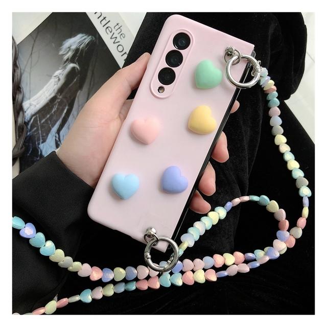 Cute Colorful Love Heart Hard Pc Phone Case For Samsung Galaxy Z Fold 3 5g Cover With Crossbody Rope For Woman Girl