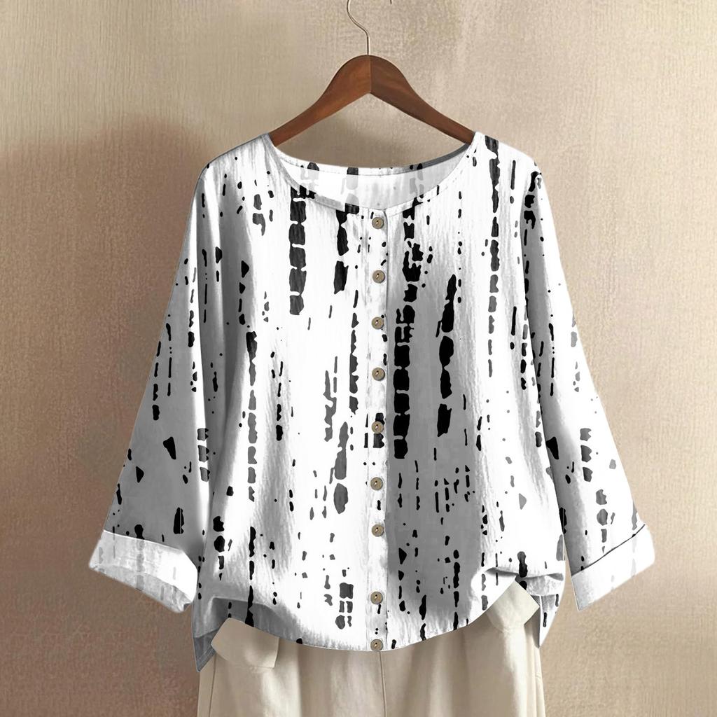 Женский повседневный топ с длинным рукавом и круглым вырезом, из хлопка и льна, с принтом в стиле ретро с градиентом