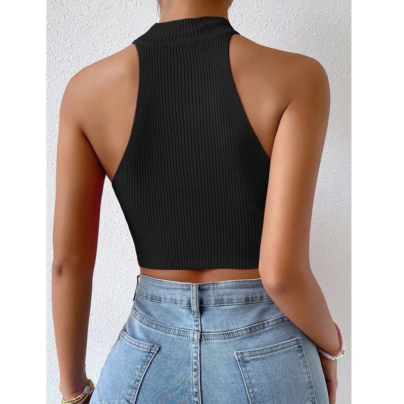 Летний женский базовый свитер, топы на бретелях, женский повседневный вязаный свитер в рубчик без рукавов, женский эластичный укороченный топ на бретелях, укороченный топ с лямкой на бретельках