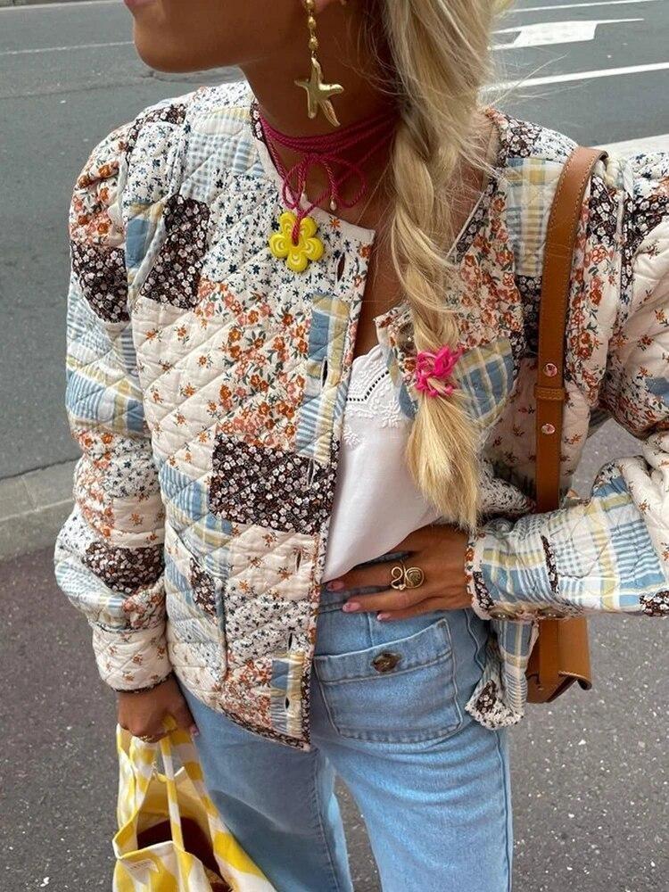 Женская хлопковая куртка с ретро-принтом, с длинным рукавом, однобортное пальто, повседневная уличная одежда, верхняя одежда, красочный вырез под горло, женская осенне-зимняя мода