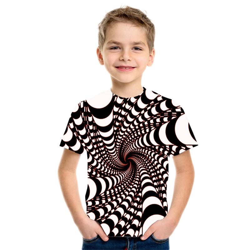 Summer Round Neck 3D Geometric Pattern Printed Top Fashionable Casual Short Sleeved Children's Boy T-shirts