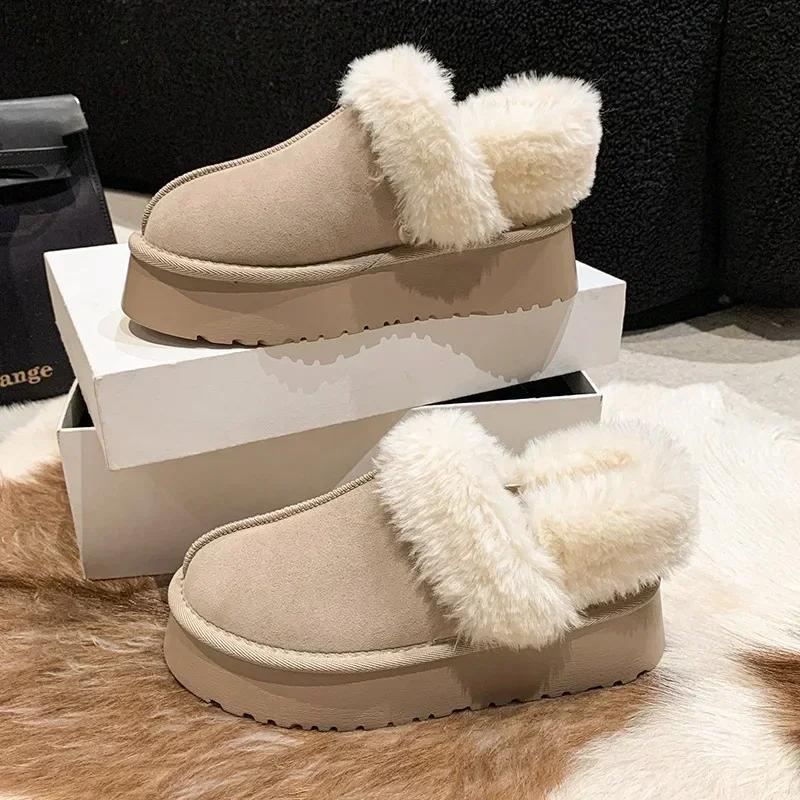 Осень-зима, новые зимние сапоги на толстой подошве, женские плюшевые утолщенные теплые плюшевые туфли, нескользящие, модные, универсальные, хлопковые тапочки