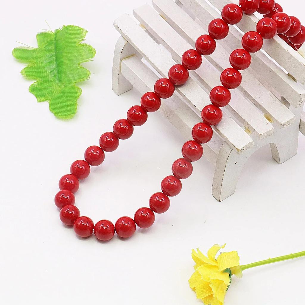 10mm Red Artificial-Coral Pearl Round Beads Necklace/Stud Earrings Sets Jewelry Neckchain,5cm Extension Chain,Girl/Women's Party Gift