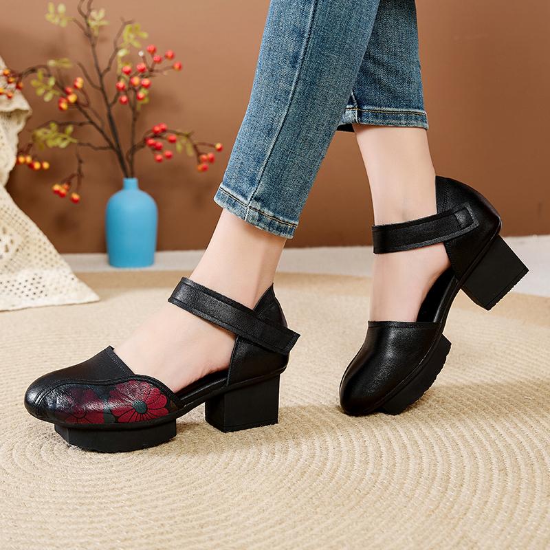 Fashion GKTINOO 2025 New Women Sandals Summer Genuine Leather Thick Heels Sandals Ethnic Style Round Toe Casual High Heel Mom Shoes