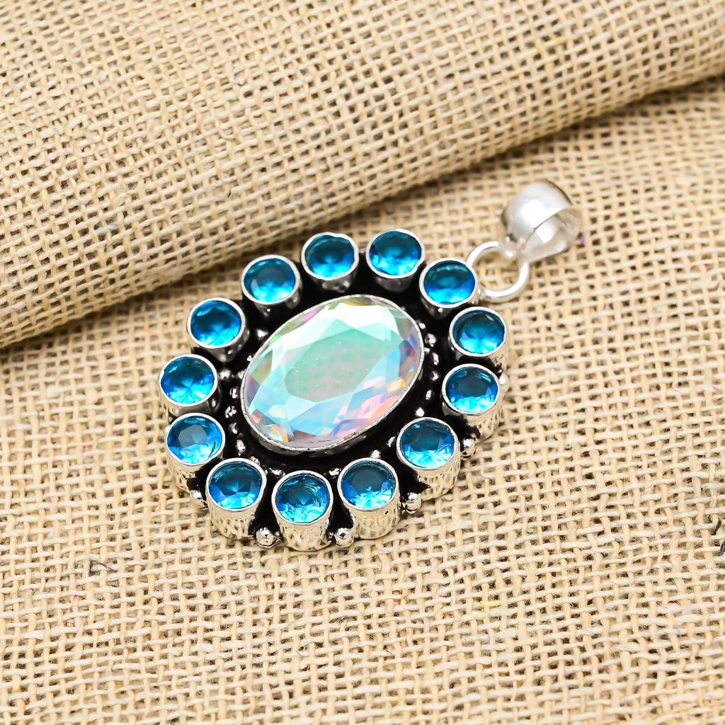 Mystic, Blue Topaz Gemstone 925 Solid Sterling Silver Jewelry Pendant For Wedding Gift