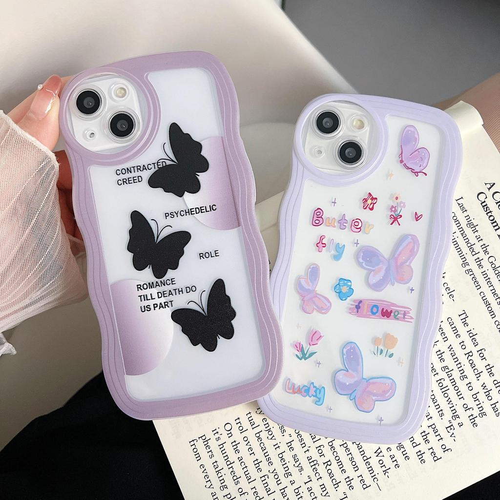Transparent Wave Edge Painted Silicone Case for Xiaomi Redmi Note 10 11 12 iPhone 15 14 13 11 Samsung A54 A34 A24 Funda Black Colorful Butterfly Cover