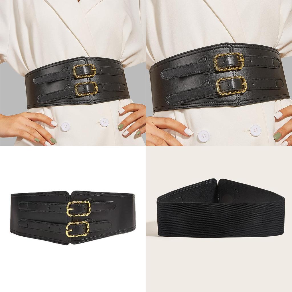 Women Vintage Elastic Waistband Waist Cincher With Double Button Twist Buckle