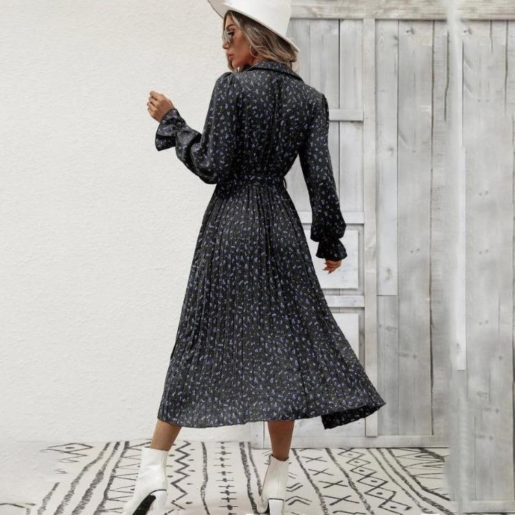 Женское осенне-зимнее повседневное платье с длинным рукавом, V-образным вырезом, цветочным принтом, А-силуэта, с завышенной талией, длиной до щиколотки