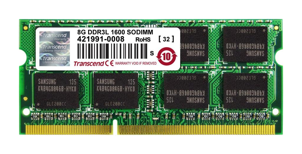 Память для ноутбука Transcend DDR3L 1600 8 ГБ совместимая 204pin TS1GSK64W6H PC3L-12800 1,35 В (Низкое напряжение) - 1,5 В SO-DIMM