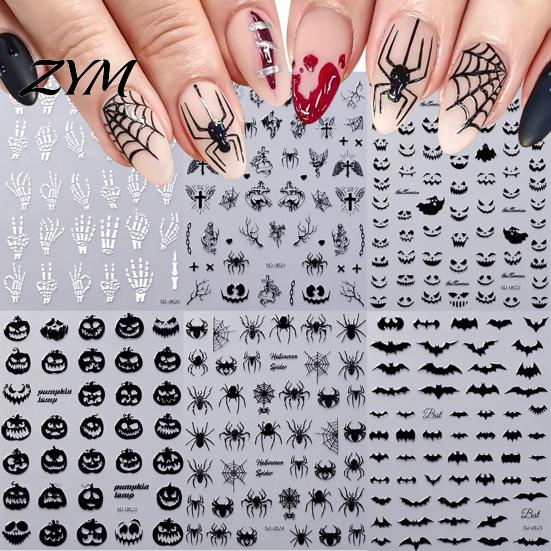 Retro Black Nail Stickers Halloween Art Stickers, 3D Embossed Skeleton Hand Pumpkin Bat Professional Salon Accessories Decals, Self-Adhesive Manicure