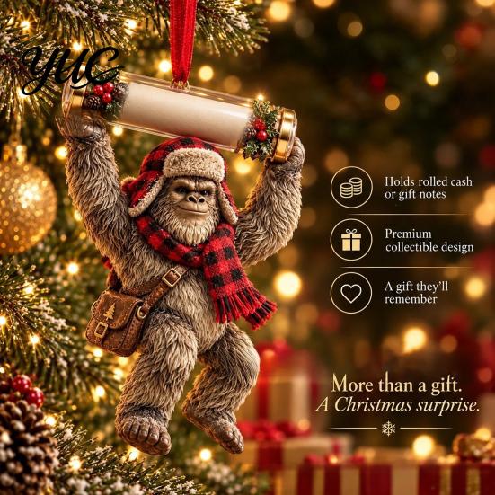 Holiday Gift for Kids Teens Big Foot Money Holder Cash, 2D Acrylic Sasquatch Cash Creative Christmas Stocking Stuffer Ornament, Clear Xmas Tree