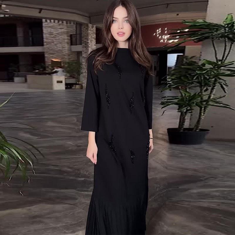 Round Neck Solid Long Sleeve Slim Fit Retro A-Line Dress Women
