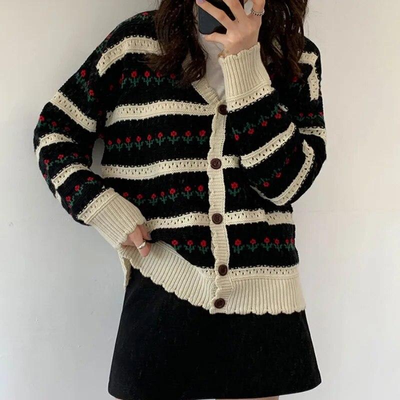 Autumn Flower Print Knitted Cardigan Sweater Women Loose Winter Korean Sweet Cardigan Knitwears Warm Long Sleeve Cardigans 29159