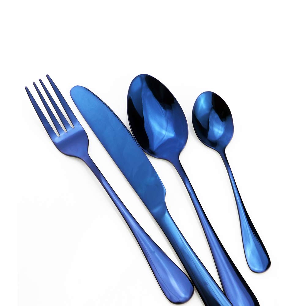 Набор столовых приборов для путешествий, многоразовый глянцевый синий набор столовых приборов из нержавеющей стали 18/8, столовая посуда, набор посуды, вилка, чайная ложка с металлическими соломинками, черный мешочек