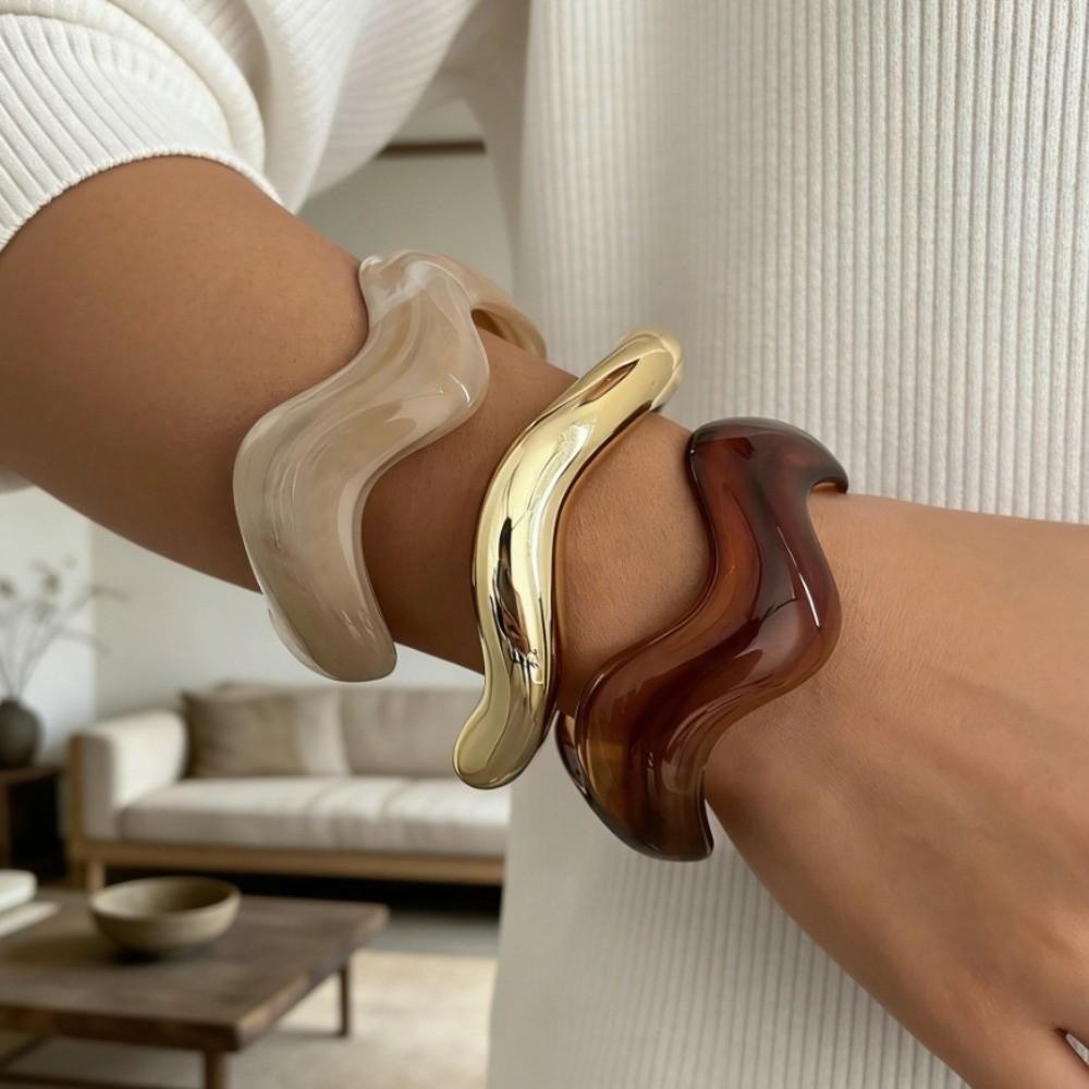 3Pcs/ Set Gold Wide Open Bangle Resin Exaggerated Bracelets Temperament Wavy Cuff Bangles Girls