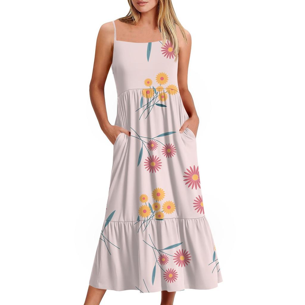 Women's Long Beach Casual Elegant Spaghetti Strap Maxi Dress Floral Low-key Flowing Bohemian Dress