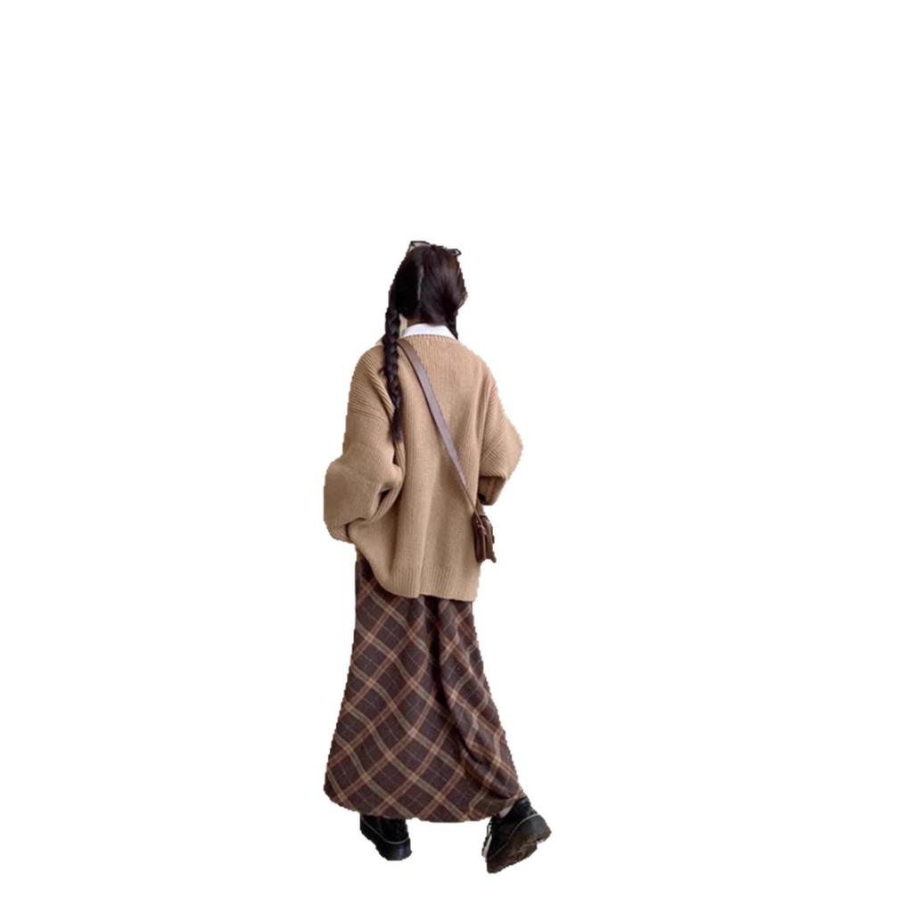 Женская ретро клетчатая шерстяная юбка - С высокой талией, Большого размера, Стройнящая А-силуэта, Средней длины для осени/зимы