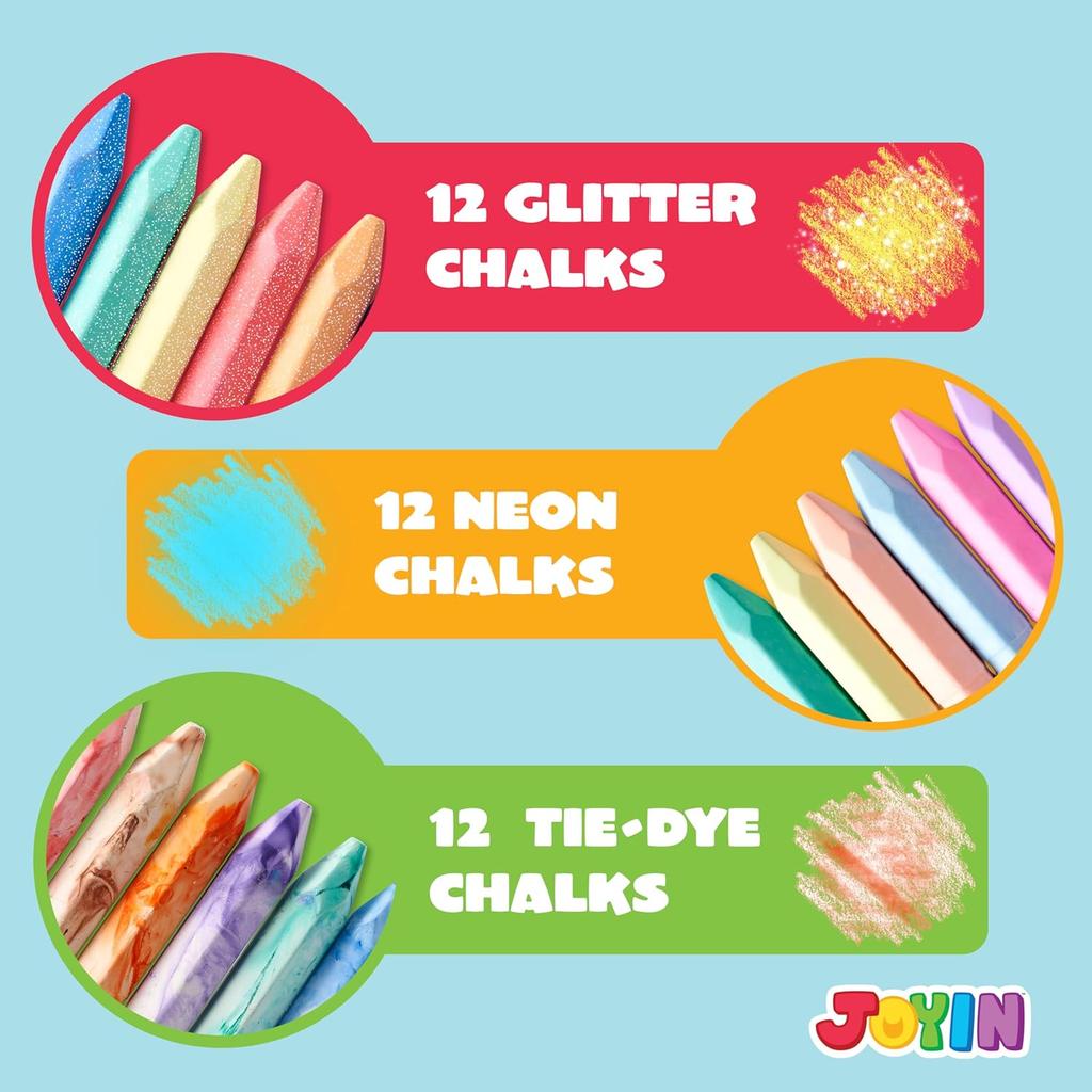 JOYFY 36 PCS Washable Sidewalk Chalks Set in 6 Packs 18 Colors Including 12 Tie Dye 12 Glitter & 12 Neon Color Outdoor Chalks
