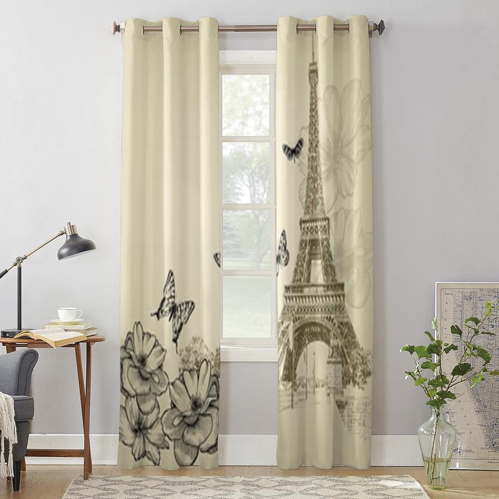 Vintage Eiffel Tower And Roses Window Curtain For Kids Room Home Blinds Curtains For Living Room Bedroom Window Drapes