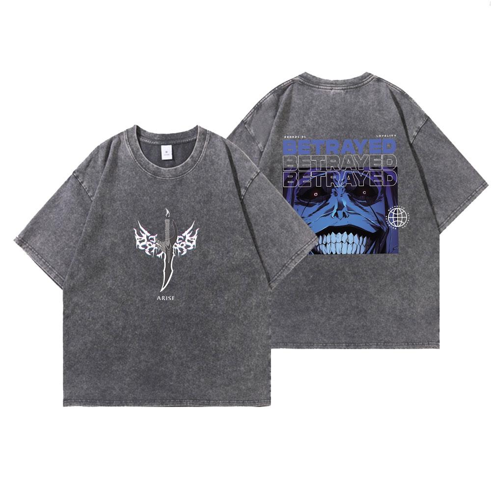 Anime Solo Leveling Print Vintage Washed Tshirt Harajuku Graphic Men Women Summer T Shirt Casual Cotton Loose Top