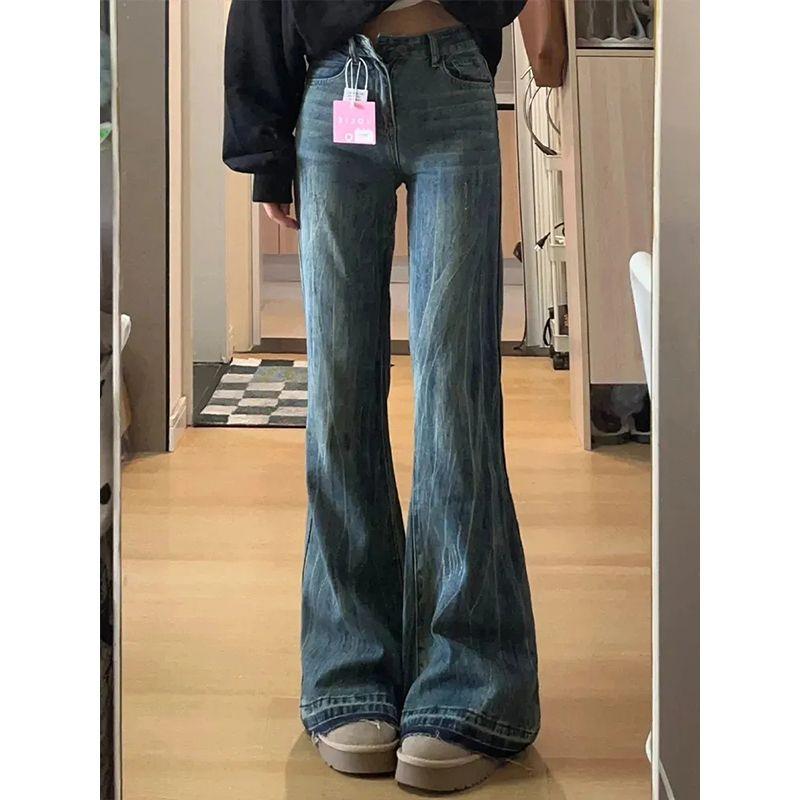 Ретро джинсы микро-клеш с высокой посадкой: Дизайн для похудения больших размеров для весны и осени, увеличивает рост и удобно скрывает фигуры типа «груша».