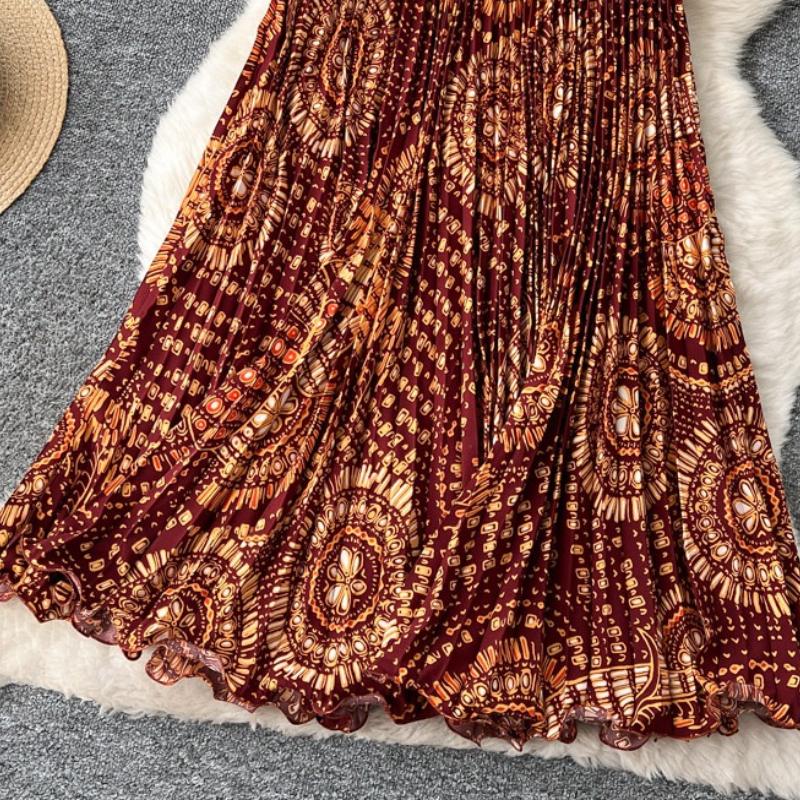 Весна Лето Женская Элегантная Юбка Макси с Принтом, Эластичной Талией и Плиссировкой для Пляжного Отдыха, Только Один Размер