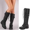 Зимние женские кожаные армейские ботинки до колена в винтажном стиле, ботинки для верховой езды на шнуровке с пряжкой в ​​стиле ретро