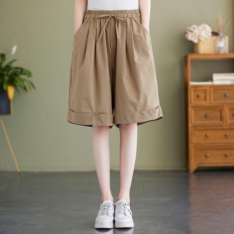 Женская одежда в японском стиле, эластичные, с высокой талией, простые пляжные шорты, женская повседневная уличная одежда, свободные, широкие брюки длиной до колена