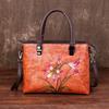 Flower Printing Genuine Leather Ladies Handbags Vintage Luxury Design Women Shoulder Bags Cow Leather Crossbody Bag
