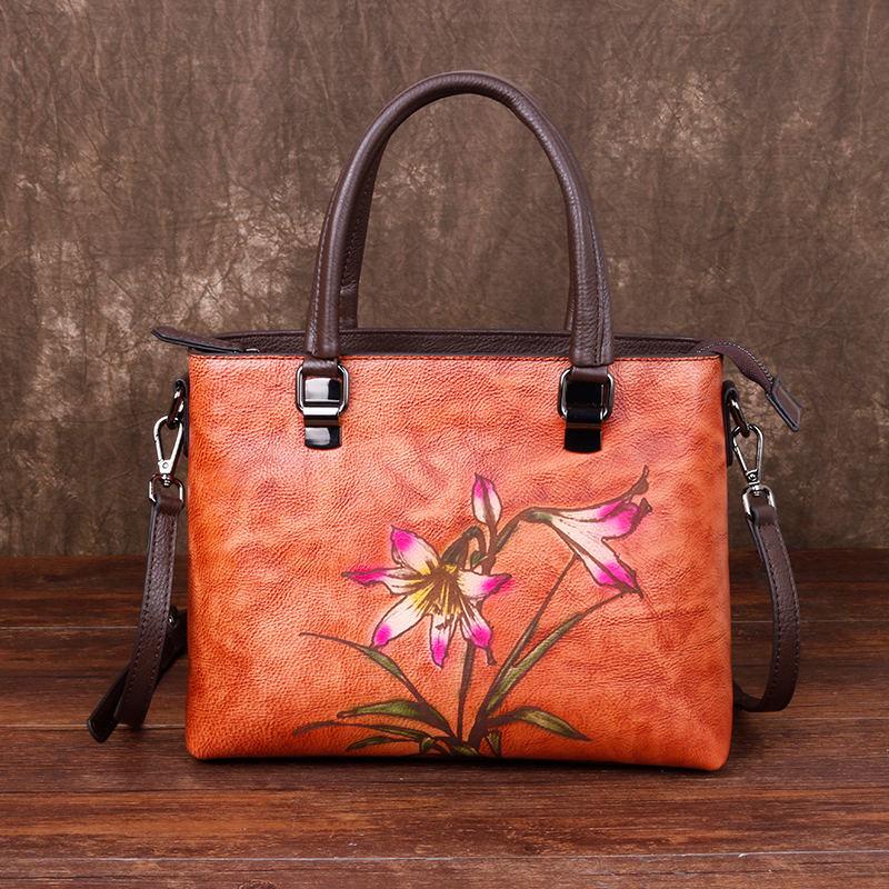 Johnature Retro Woman's Handbag Hand Painted Genuine Leather Women Shoulder Bags Leisure Floral Cowhide Messenger Bag