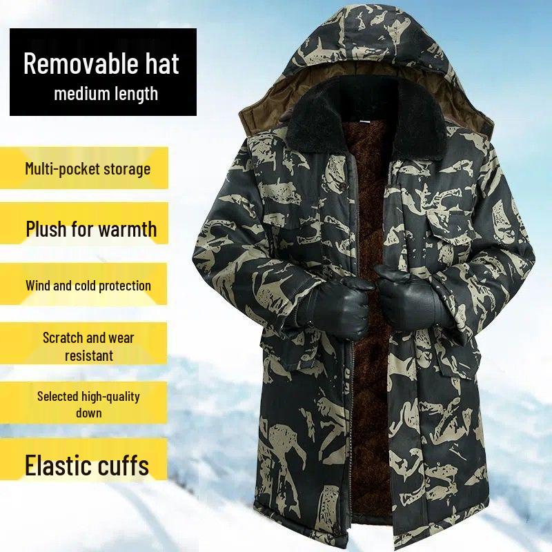 Windproof Camouflage Fleece-Lined Military Overcoat: Cold-Resistant, Waterproof, Mid-Length, Cotton-Padded Jacket for Cold Storage Labor Protection