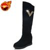 Fashion Long Boots for Women Rhinestone Black Knee High Shaft Shoes Woman Flat Demi-season Trend 2024 New Pu Footwear Spring Gyaru Rock