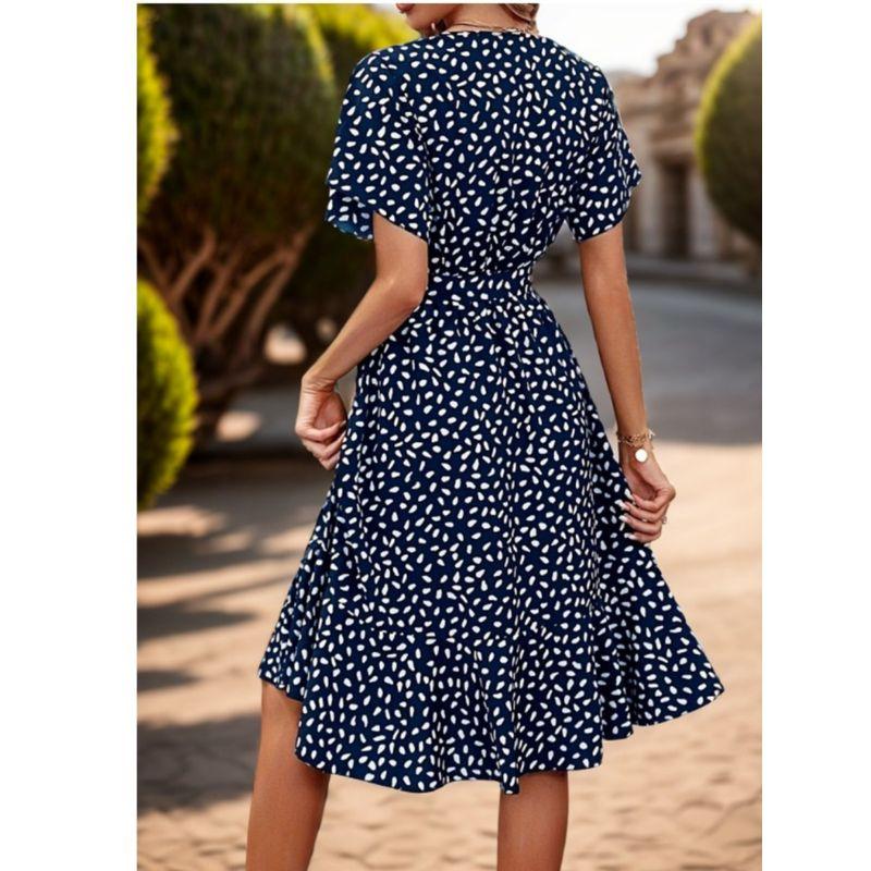 Cross-Border European and American Summer New Fashion Dots Print Waist Hugging Frill Short Sleeve Mid-Length Dress Dress