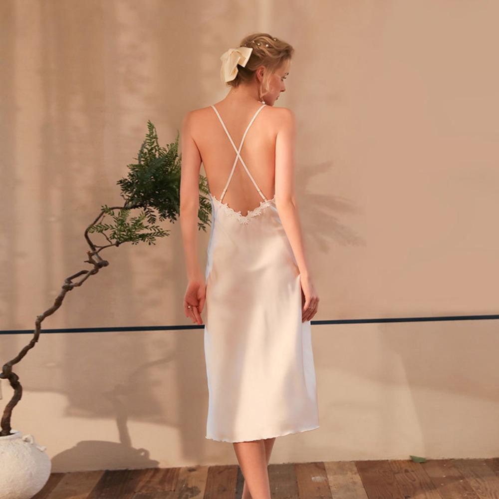 Сексуальная ночная рубашка Ice Lace Пижама Юбка с подтяжками Грудь Подкладка Свадебный халат Длинный Домашний халат