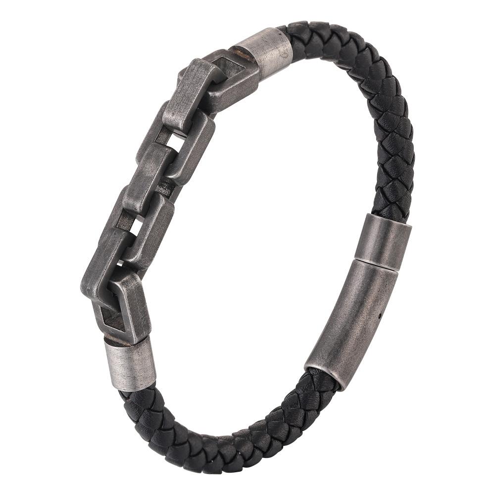Landy American Vintage Leather Bracelet Stainless Steel Fashion Trendy Accessories Black Gun Plated Lock Twisted Bracelet