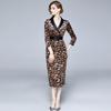 Women's New Autumn Winter V-Neck Long Sleeve French Vintage Sexy Leopard Print Velvet Dress Fashion Office Work Pencil Dress with Belt