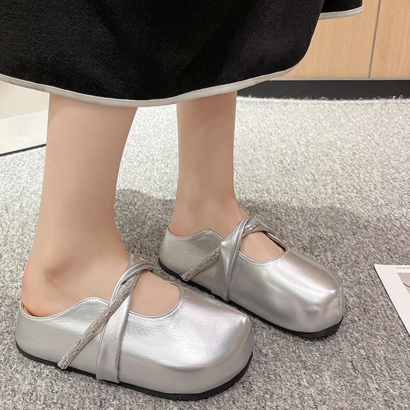 Мода Мода Шлепанцы с плоским верхом Лето Новые Круглый носок Мелкий вырез Хрусталь с Нескользящий Износостойкий Каблук Обувь