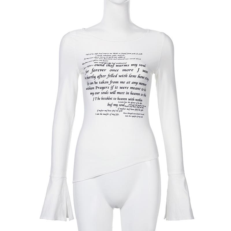 Spicy Girl Basic Knitted Slim Fit Round Neck Letter Printed Slit Long Sleeved T-shirt for Women