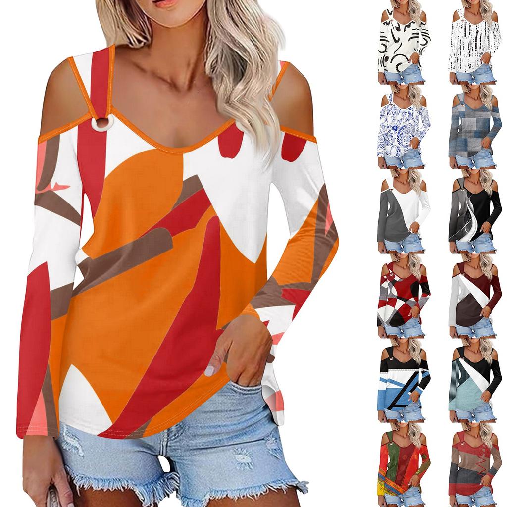 Women's Casual Shirt Blouse Print V-neck Sexy Cold Shoulder Long Sleeve Top