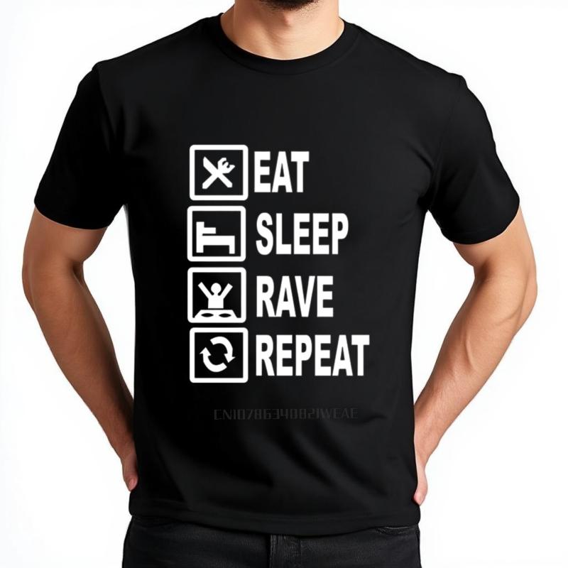 Men's Funny Eat Sleep Rave Repeat Graphic Cotton T-Shirt Crew Neck Casual Tee Couple Streetwear