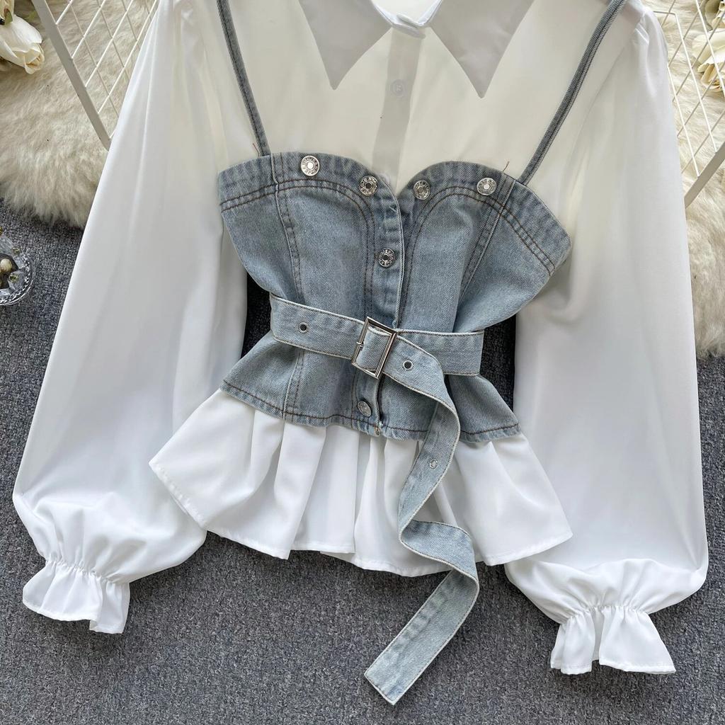 Korean Series Wear Age-Reducing Set Retro Denim Cami Stacked All-Matching Puff Sleeve Shirts Two-piece Set Top