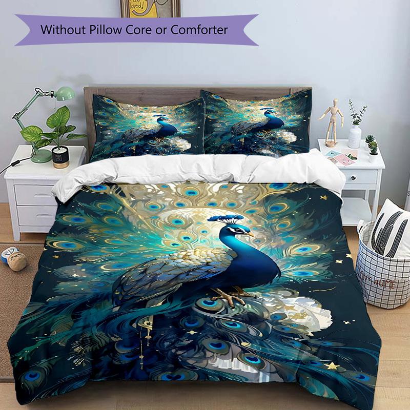 3pc Peacock Feathers Cover Set - 1 Quilt Cover + 2 Pillowcases, All Seasons Bedroom Setting, Perfect for Home017