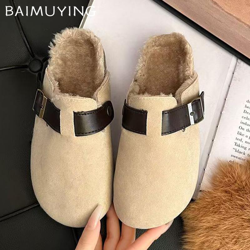 Туфли на плоской подошве женские пушистые тапочки замшевые короткие плюшевые хлопковые мюли обувь 2025 трендовые теплые дизайнерские пряжки зимние снежные ботинки женские