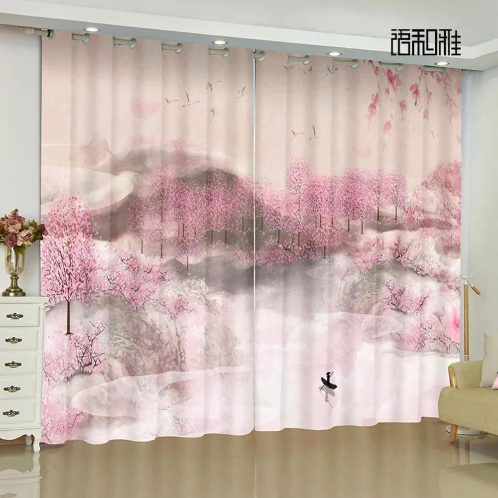 2-панельная новая китайская занавеска с изображением цветов, птиц, пейзажей, картин, напечатанная занавеска для спальни, гостиной, кухни, окна, шторы