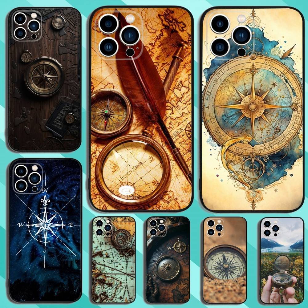 World Map Compass Nautical Phone Case For iPhone 16,15,14,13,12,11,Plus,Pro Max,XS,X,XR,SE,Mini,8,7 Soft Silicone Black Cover