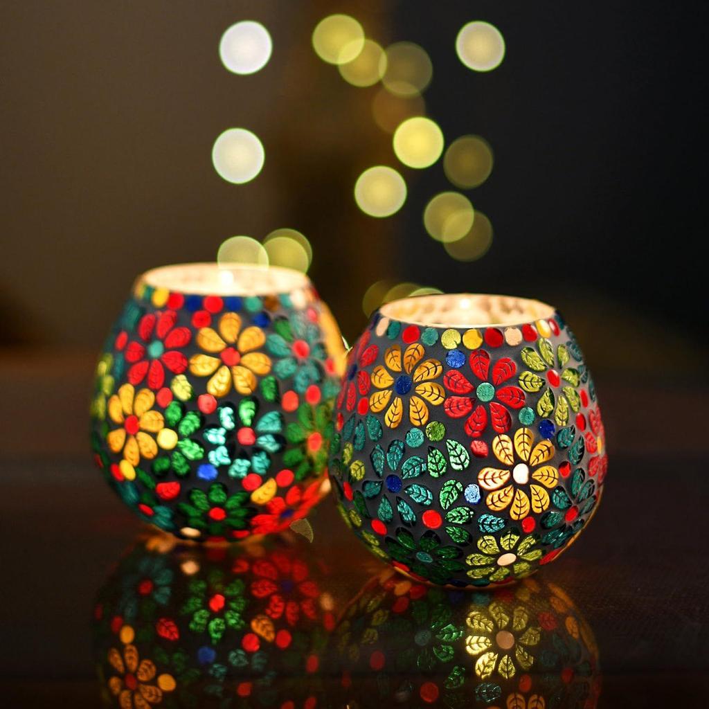 Tealight Candle Holders for Home Decor, Mosaic Glass, Flowers Diwali Decoration Items Pack of 2 Latest