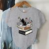 Cat with Book Print T Shirt Unisex Floral Wildflower T-Shirt Summer Short Sleeves T-Shirts Book Lover Literature FeUnisex Tops Tops Unisex