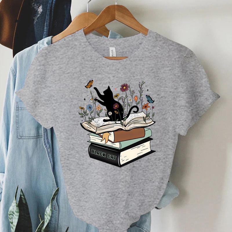 Футболка с принтом «Кошка с книгой» Футболка унисекс с цветочным принтом и принтом «Полевые цветы» Футболка с короткими рукавами для летних любителей книг Литература FeУнисекс Топы Топы унисекс